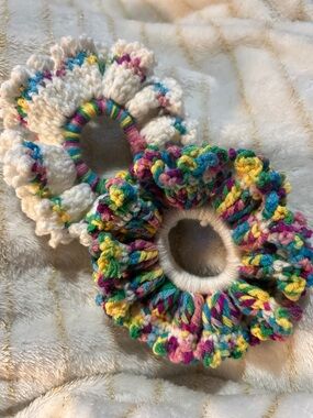 Crochet Scrunchies - White & Multicolor Rainbow